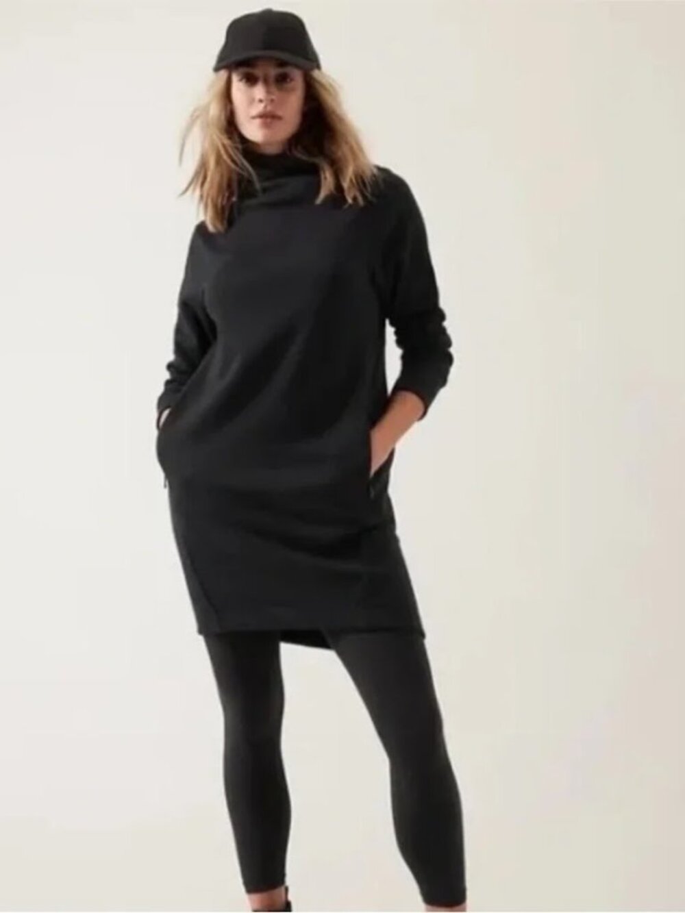 NWOT Athleta Women's Cozy Karma Funnel Neck Black Sweatshirt Dress S
